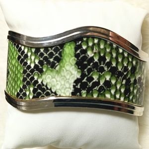 Green Faux Snakeskin Wide Wave Cuff Bracelet